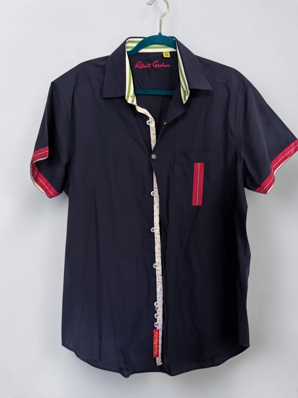 Robert Graham 100% cotton navy question marks piping knowdledge wisdom truth XL